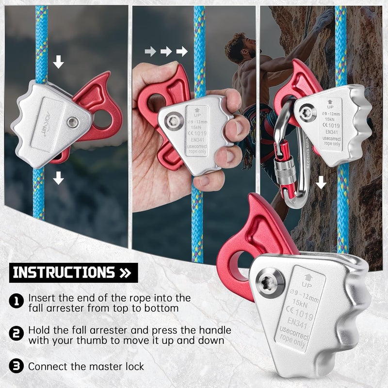 AOKWIT Climbing Ascender Rope Grab Fall Protection Belay Device Tree Climbing Gear Rappelling Equipment Rope Ascender for Rock Climbing Mountaineering Arborist Caving Rescue Aerial Work 8-12mm Ropes - Image 4